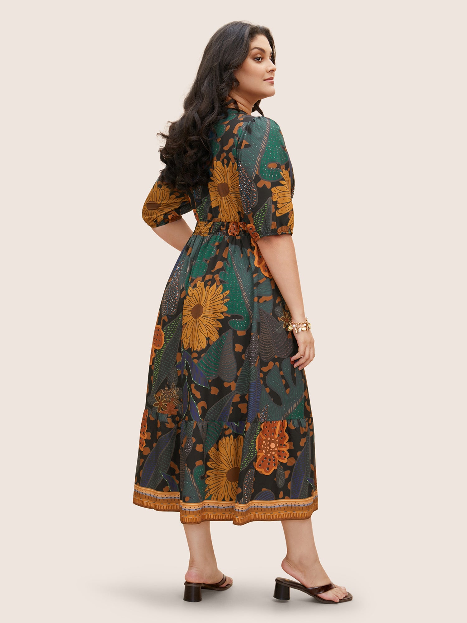 Floral Shirred Lantern Sleeve Midi Dress