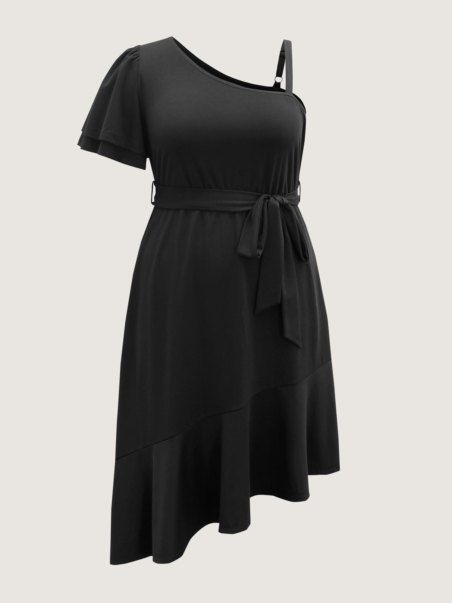 One-Shoulder Ruffled Belted Midi Dress
