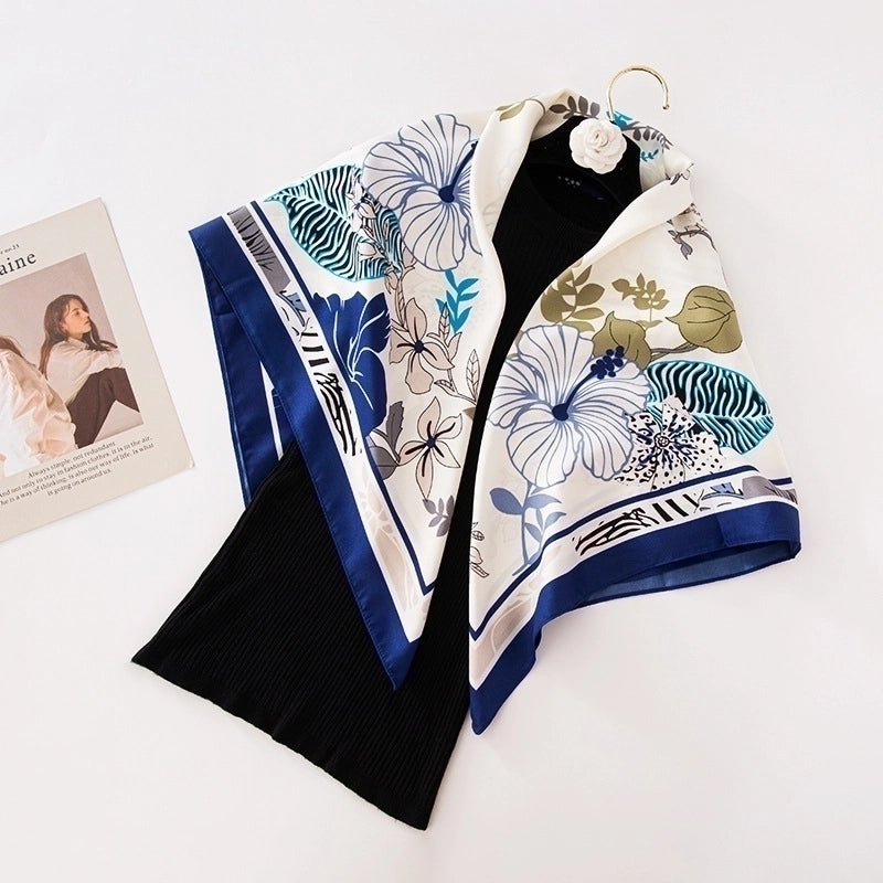 Women's Basic Minimalist Color Block Flower Satin Silk Scarf