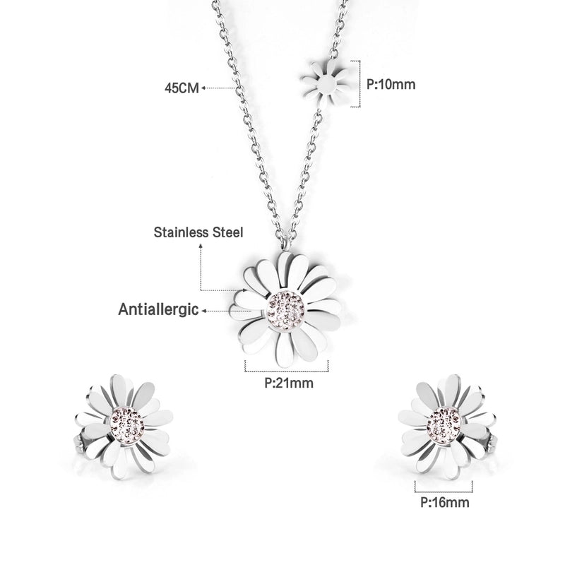 Minimalist Flower Stainless Steel Inlay Zircon Earrings Necklace 1 Set