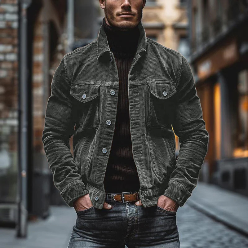 Men's Vintage Corduroy Lapel Single Breasted Multi-Pocket Work Jacket