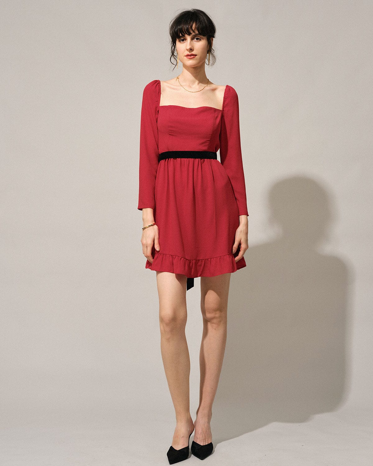 The Red Square Neck Flounce Long Sleeve Mini Dress