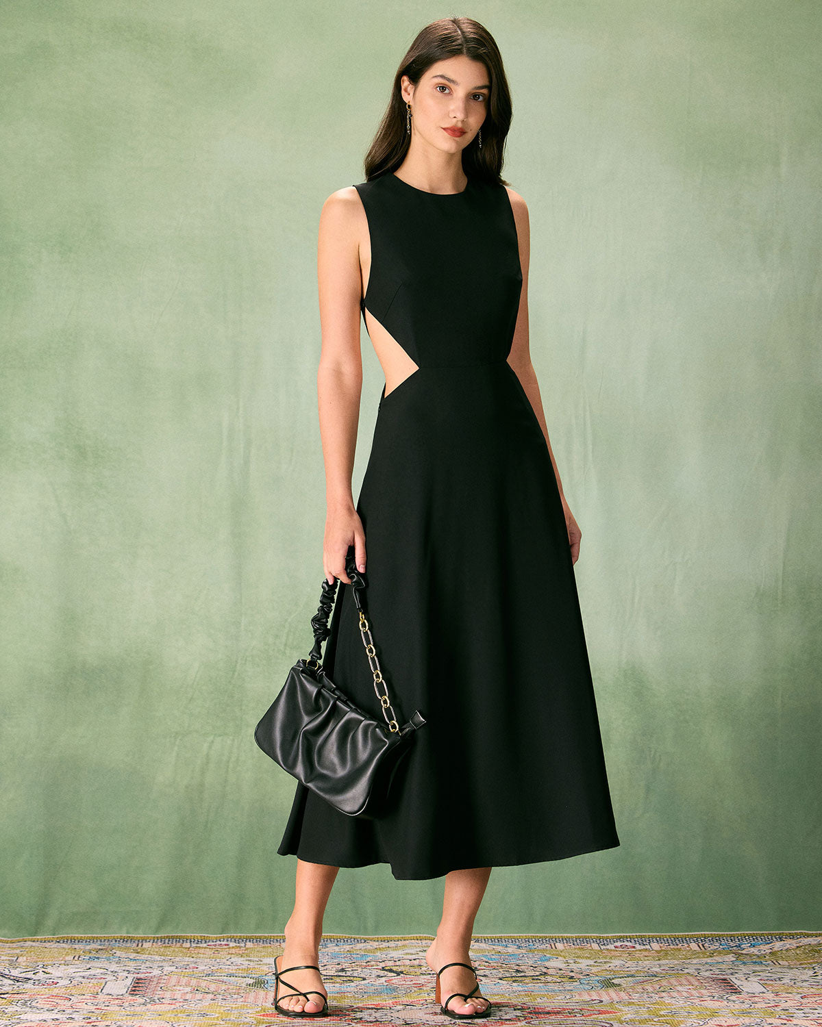 The Black Round Neck Cut-Out Midi Dress