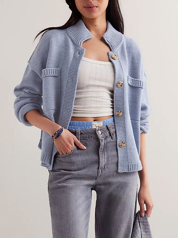 Long Sleeves Loose Buttoned Pockets Solid Color Split-Joint Stand Collar Cardigan Tops