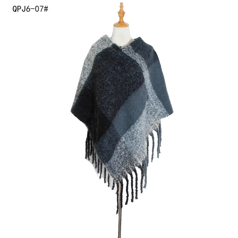 Hot Style New Autumn And Winter Women's Shawl Thick Tassel Loop Yarn Large Plaid Cloak