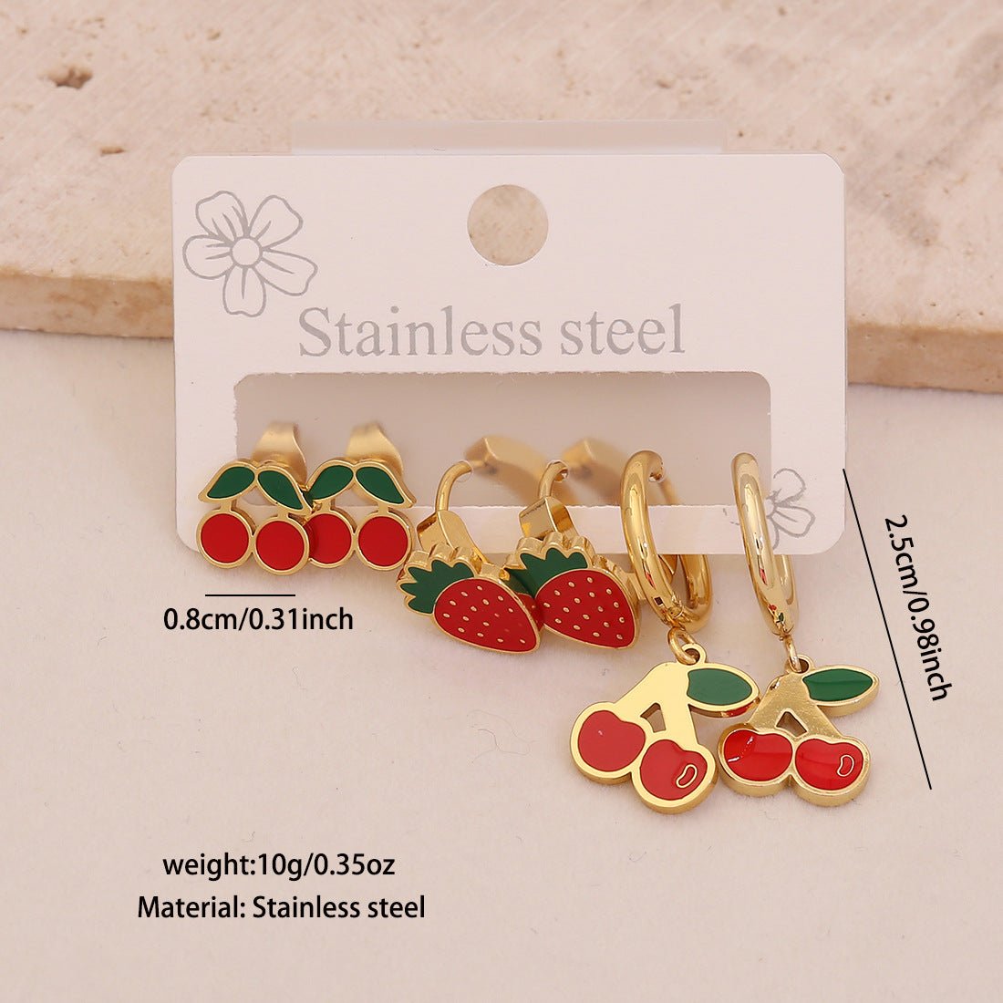 3 Pairs Of Cherry Strawberry Earrings Cute Stainless Steel Earrings For E623