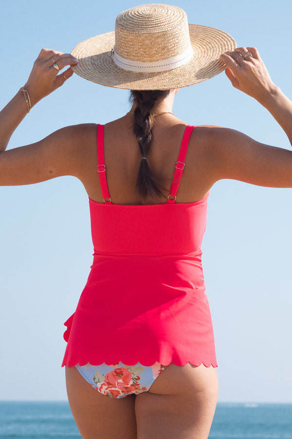 Scalloped Hem Cute Asymmetric Floral Print Tankini Set