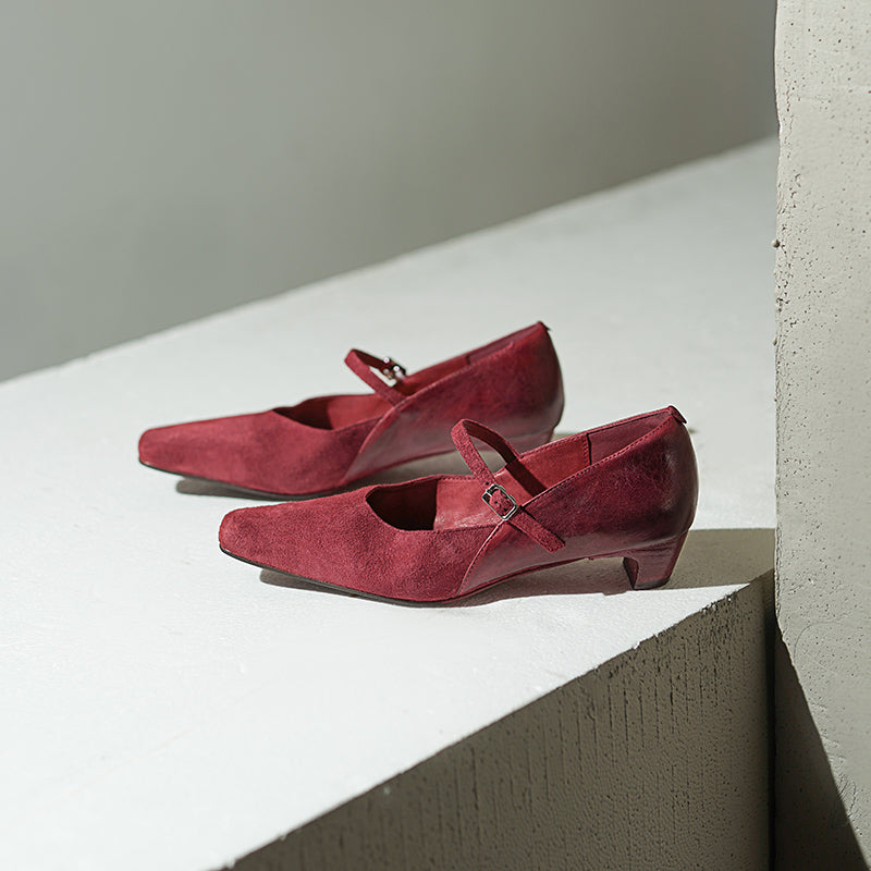 Elegant Washed Horsehide Nubuck Mary Jane Shoes Buckle Strap Causal Pumps in Red/Black/Caramel