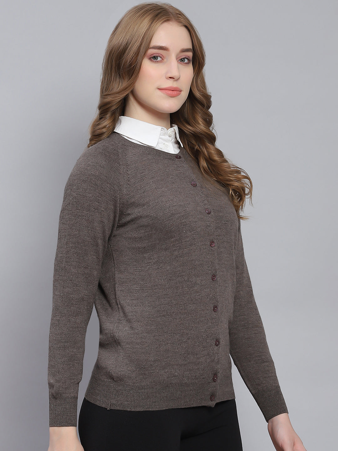 Women Grey Solid Round Neck Full Sleeve Cardigans