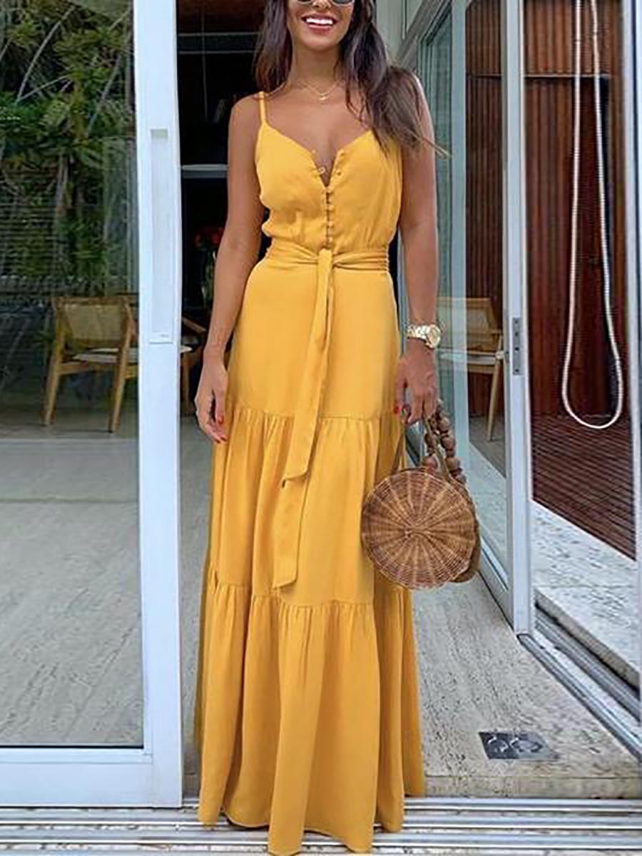 Button Belted Slip Maxi Dress