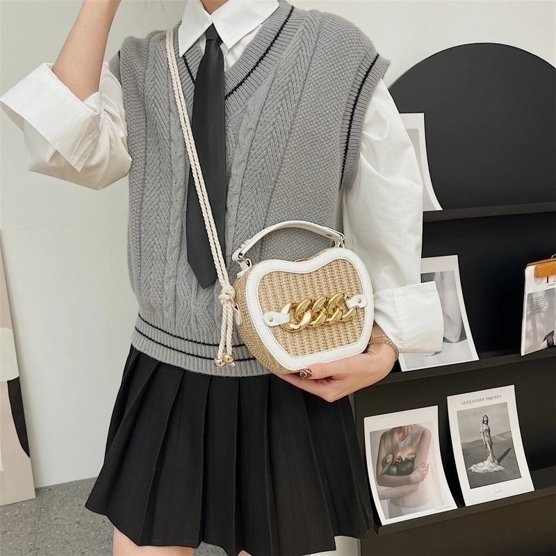 Women's Small Straw Color Block Streetwear Chain Lock Clasp Crossbody Bag