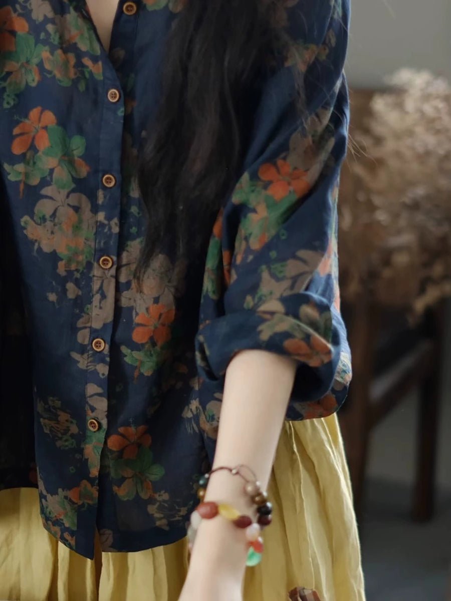 Women Summer Artsy Flower Turn-down Collar 100%Ramie Shirt