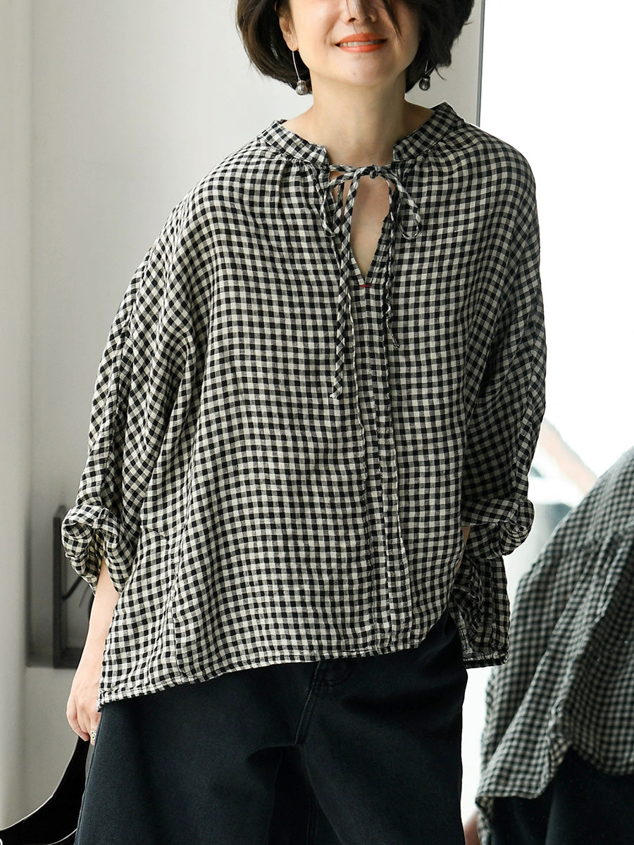 Women Summer Retro Plaid 100%Linen V-Neck Shirt