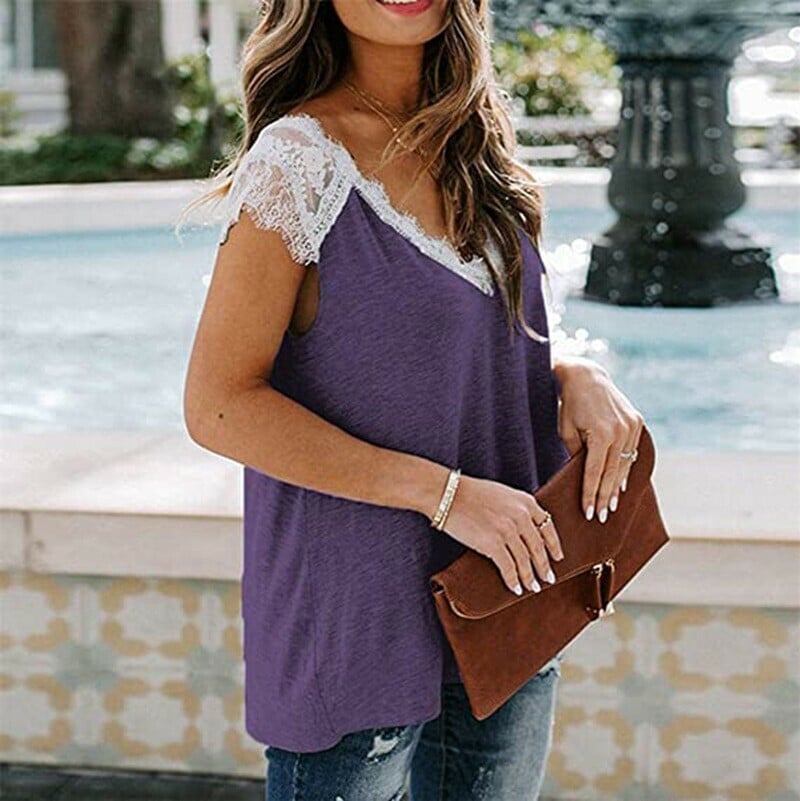 🔥🔥Women's V Neck Lace Vest Summer Casual Short-sleeved Top