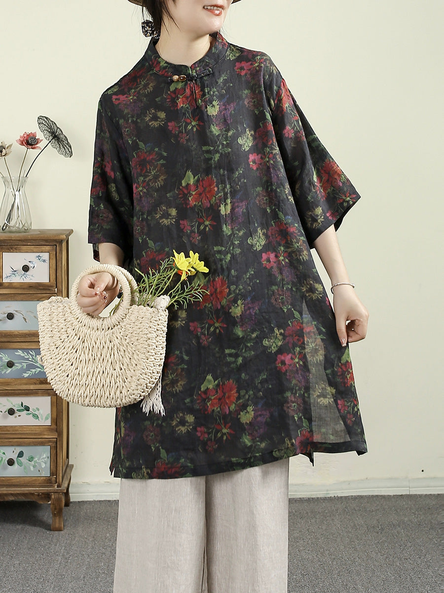 Women Summer Vintage Flower Stand Collar 100%Ramie Shirt