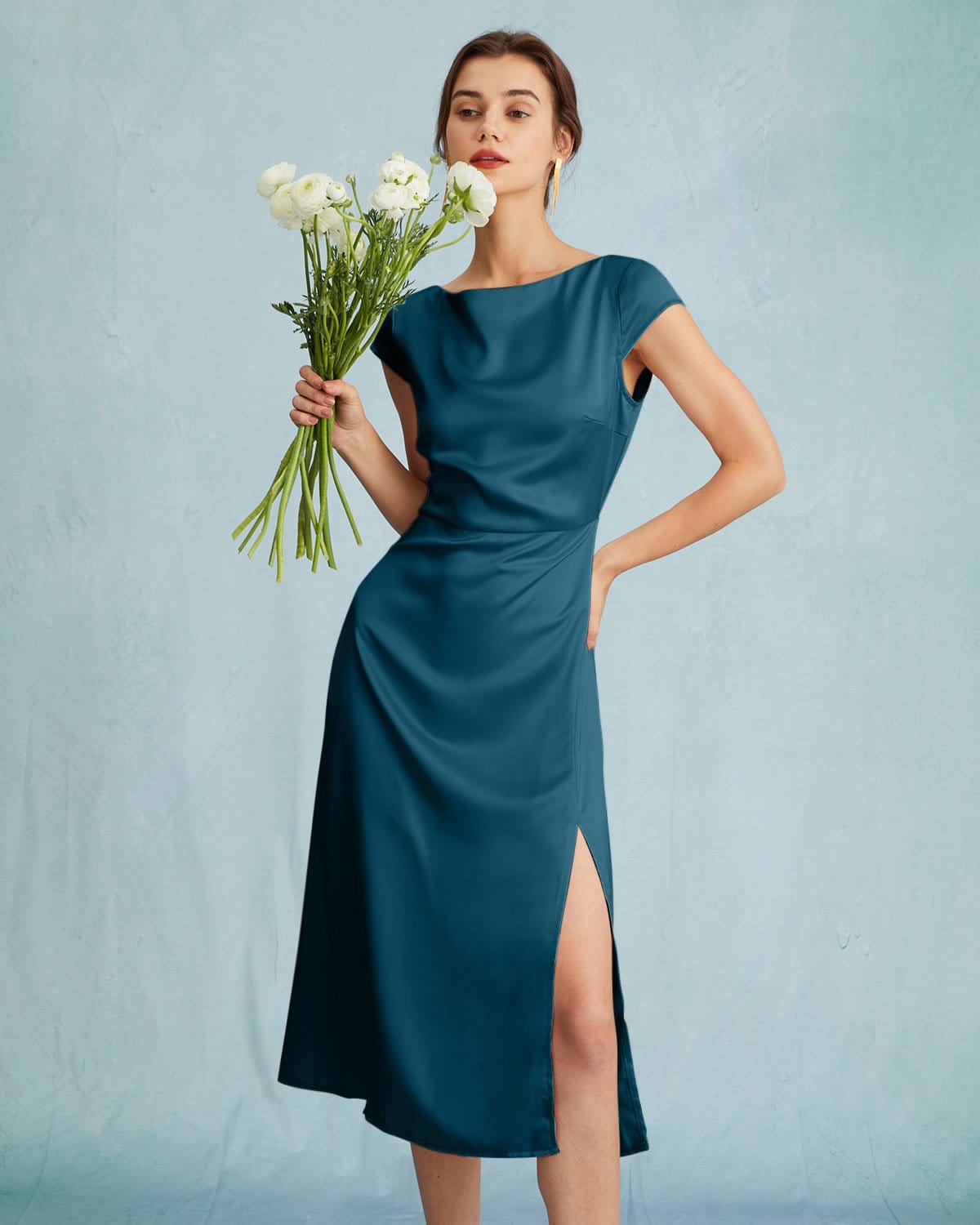 The Navy Satin Cap Sleeve Sheath Slit Midi Dress