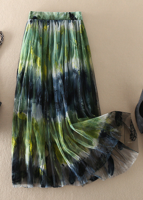 Women Green high waist Print Tulle Skirt Spring