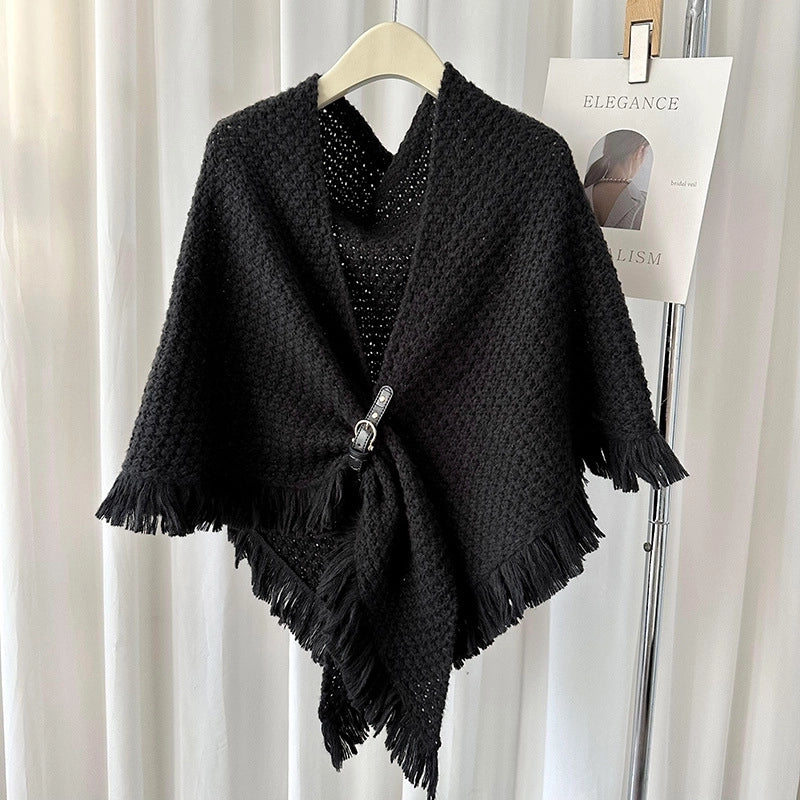 Autumn And Winter New Tassel Cape Shawl Versatile Thick Warm Neck Protection Solid Color Knotted Scarf Outer Waistcoat