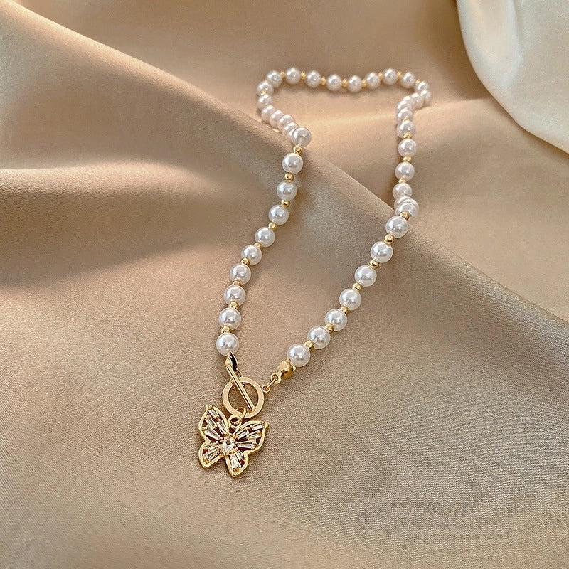 Fashion Flower Butterfly Titanium Steel Copper Pearl Plating Inlay Rhinestones Pendant Necklace 1 Piece