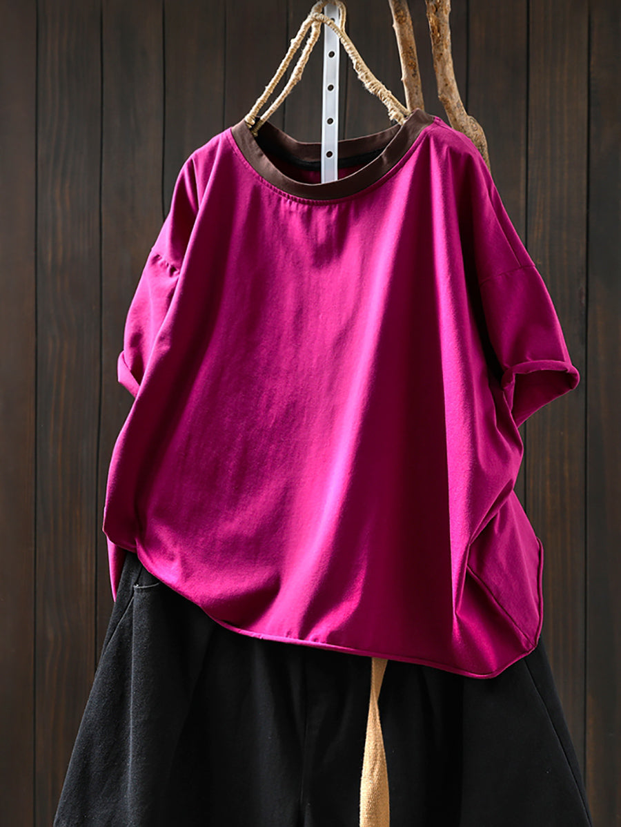 Women Summer Casual Cotton O-Neck Colorblock Shirt