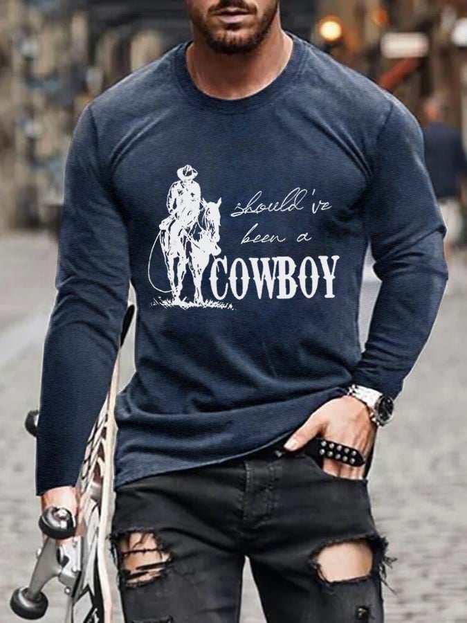 Men's Should've Been A Cowboy RIP Keith Country Music Print Casual Long Sleeve T-Shirt