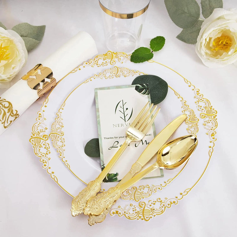 Disposable Tableware Dragon Pattern White Golden Edge Relief Plate Wine Glass Knife. Fork And Spoon PS Hard Plastic Gold Air-Laid Paper Suit