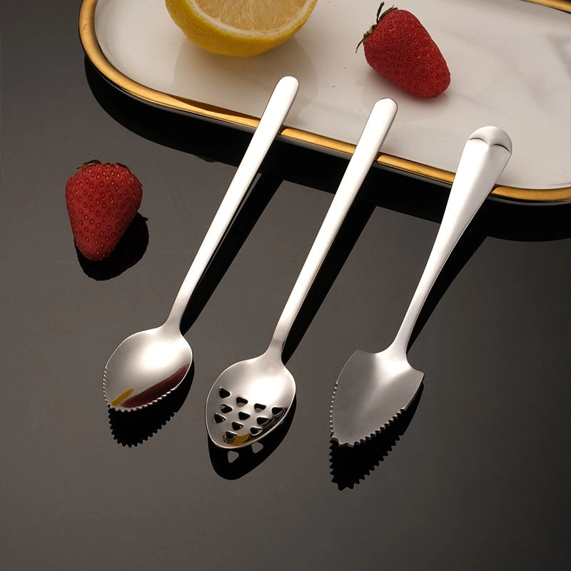 Infant 304 Stainless Steel Mud Scraping Spoon Baby Food Supplement With Serrated Fruit Dredging Spoon Creative With Hole Mud Pressing Spoon