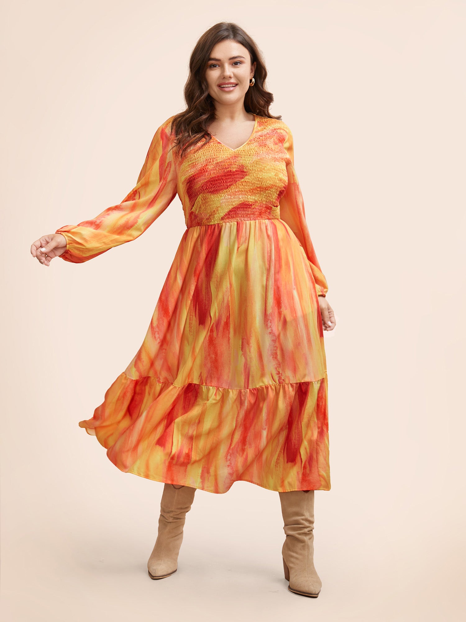 Gradient Dyeing Shirred Ruffle Hem Dress