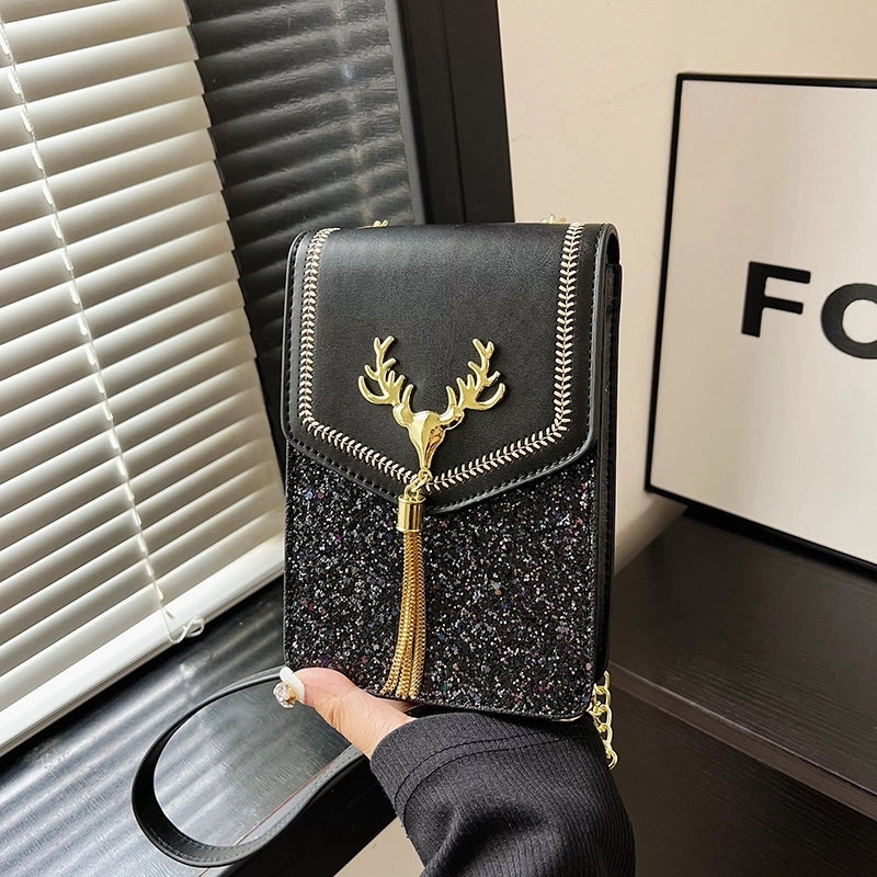 Women's Pu Leather Sequins Classic Style Sewing Thread Square Flip Cover Square Bag