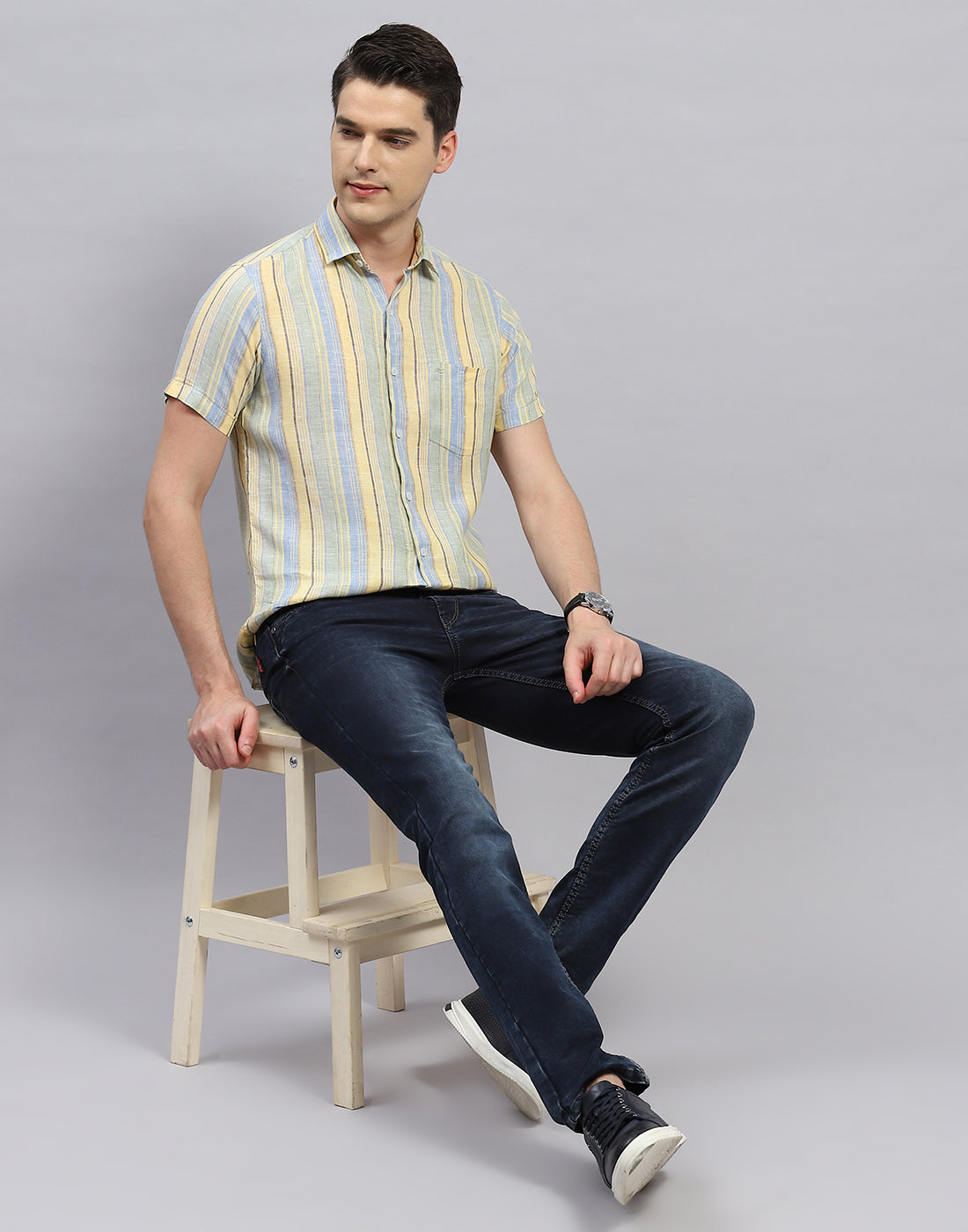 Men Sky Blue Stripe Collar Half Sleeve Shirt