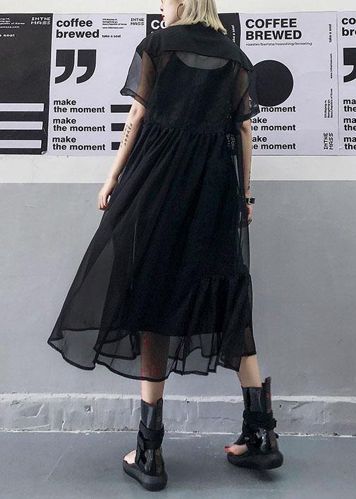 Women black tulle tunic top short sleeve Robe summer Dress