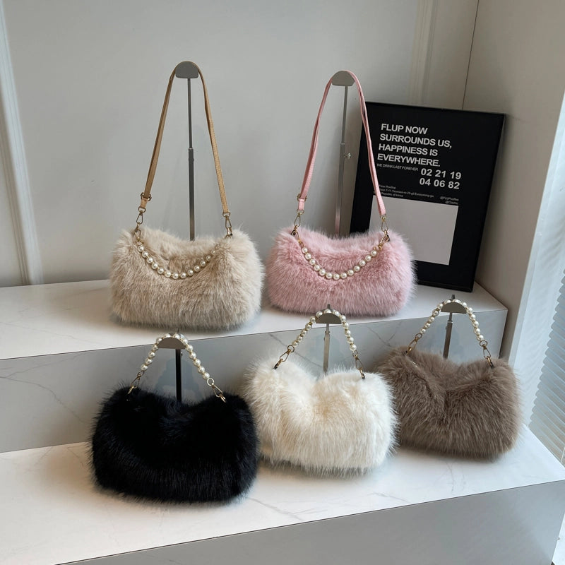 Women's Plush Solid Color Streetwear Square Zipper Shoulder Bag