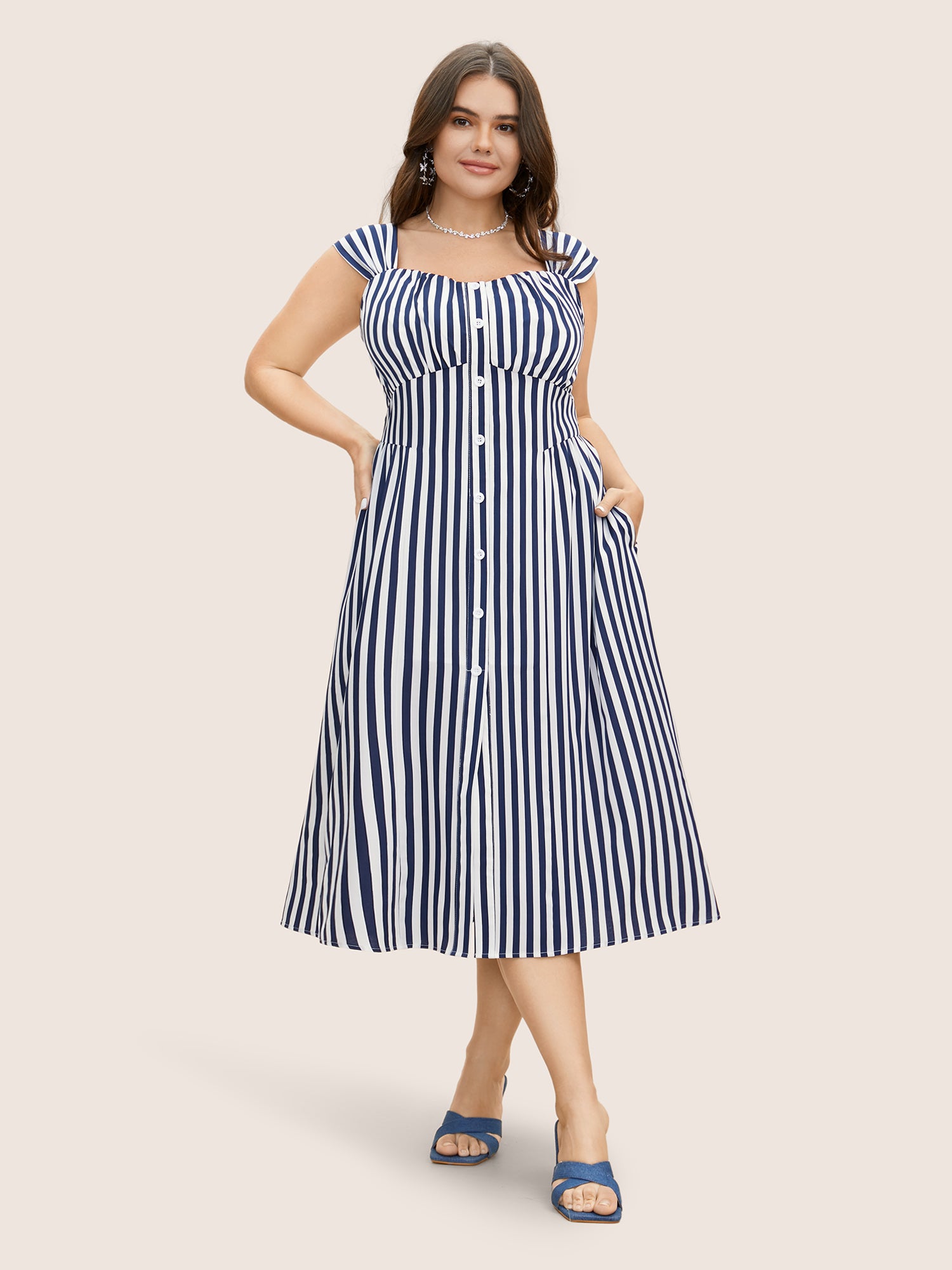 Striped Button Detail Split Front Midi Dress