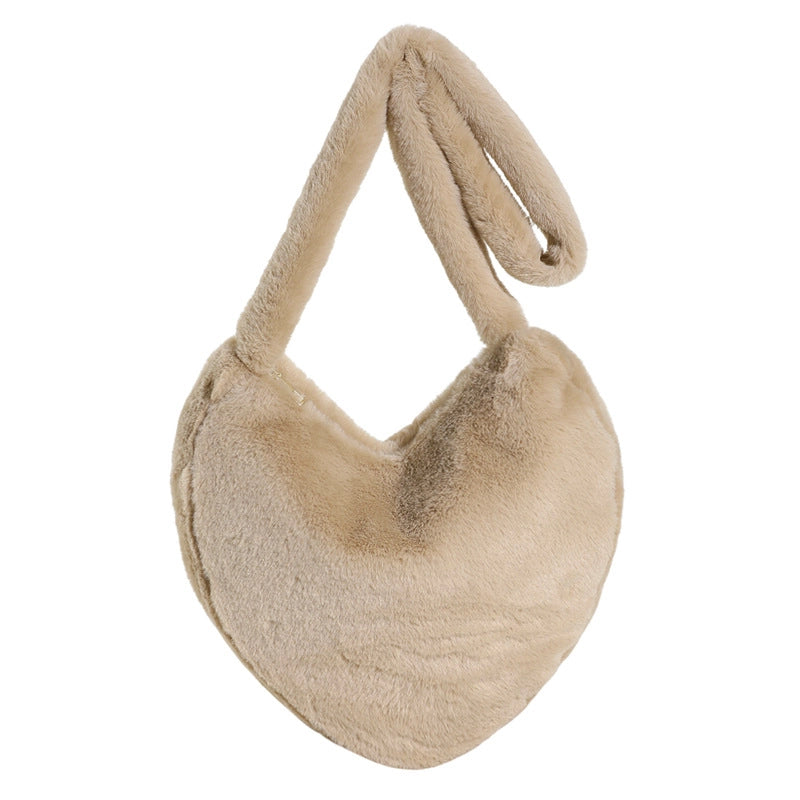 Women's Medium All Seasons Plush Heart Shape Streetwear Heart-shaped Zipper Shoulder Bag