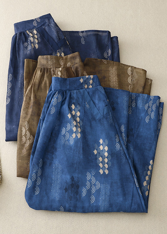 Navy Print Pockets Elastic Waist Cotton Skirt Summer