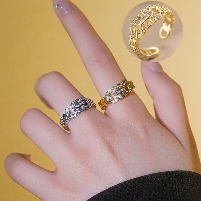 Shang Ins Chain Opening Adjustment Ring Female Version Micro-Inlaid Personality Couple Ring Retro Ancient Index Finger Ring