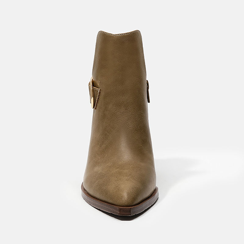Metal Buckle Pointy Toe Chunky Heels Slit Ankle Boots