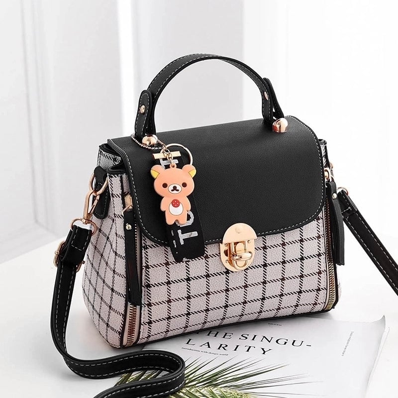 Women's Medium Pu Leather Plaid Cute Ornament Square Flip Cover Crossbody Bag