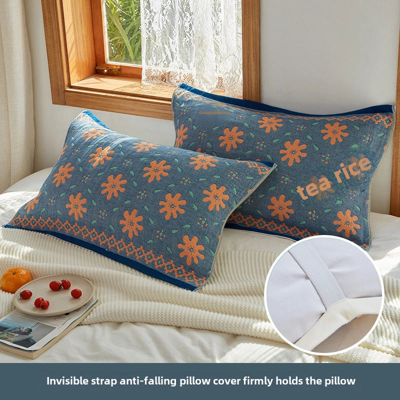 Four-layer Cotton Gauze Pillow Towel Elastic Band Fixed Anti-shedding Adult Pillow Turban Season Couple Cover Towel