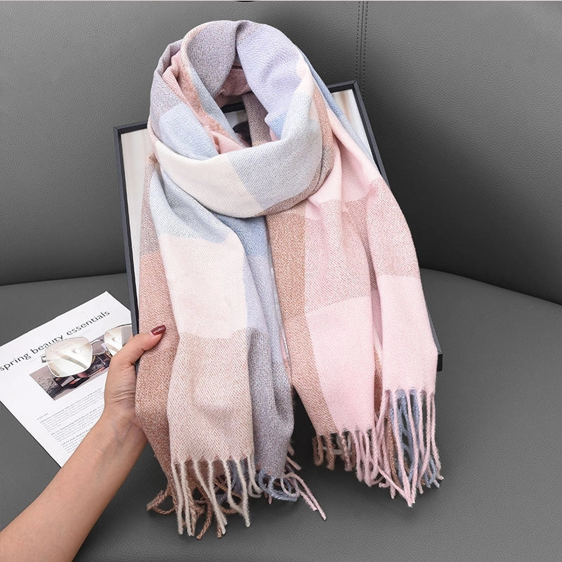 Unisex Lady Lattice Imitation Cashmere Tassel Scarf