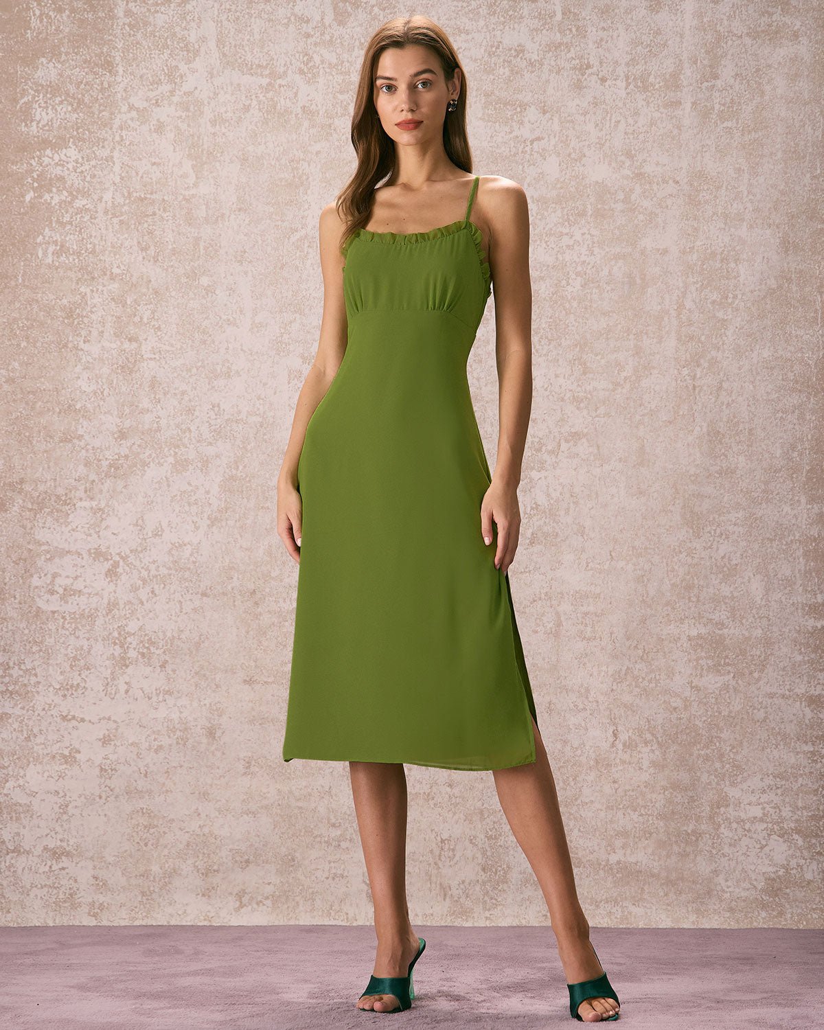 The Green Frill Trim Side Split Midi Dress