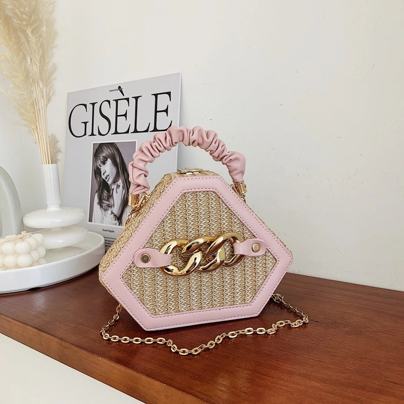 Women's Small Straw Geometric Classic Style Lock Clasp Straw Bag
