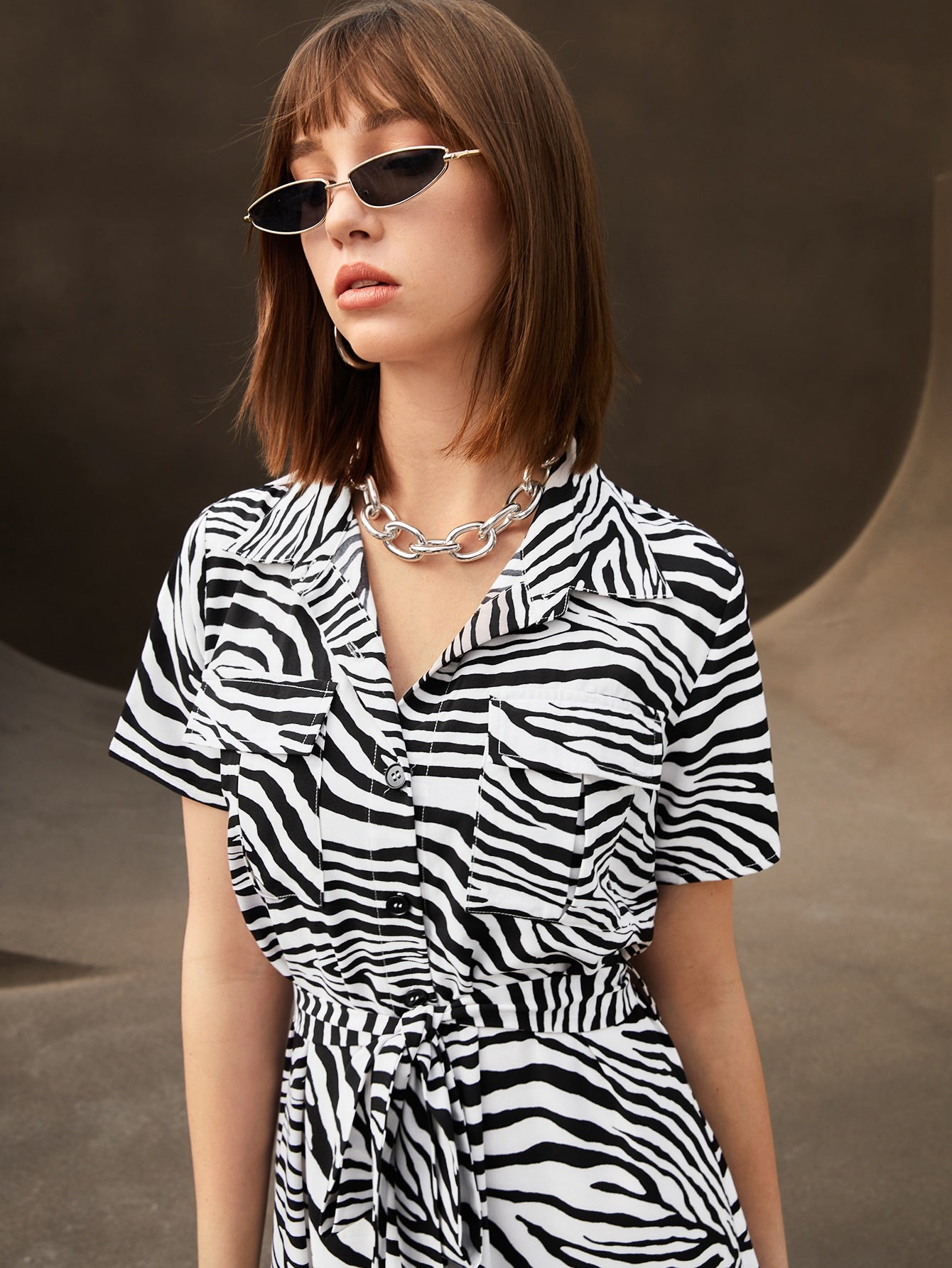 Zebra Stripe Belted Shirt Dress( Clearance sale