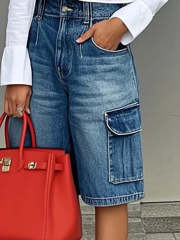 Loose Wide Leg Buttoned Pockets Jean Pants Bottoms Shorts Bottoms