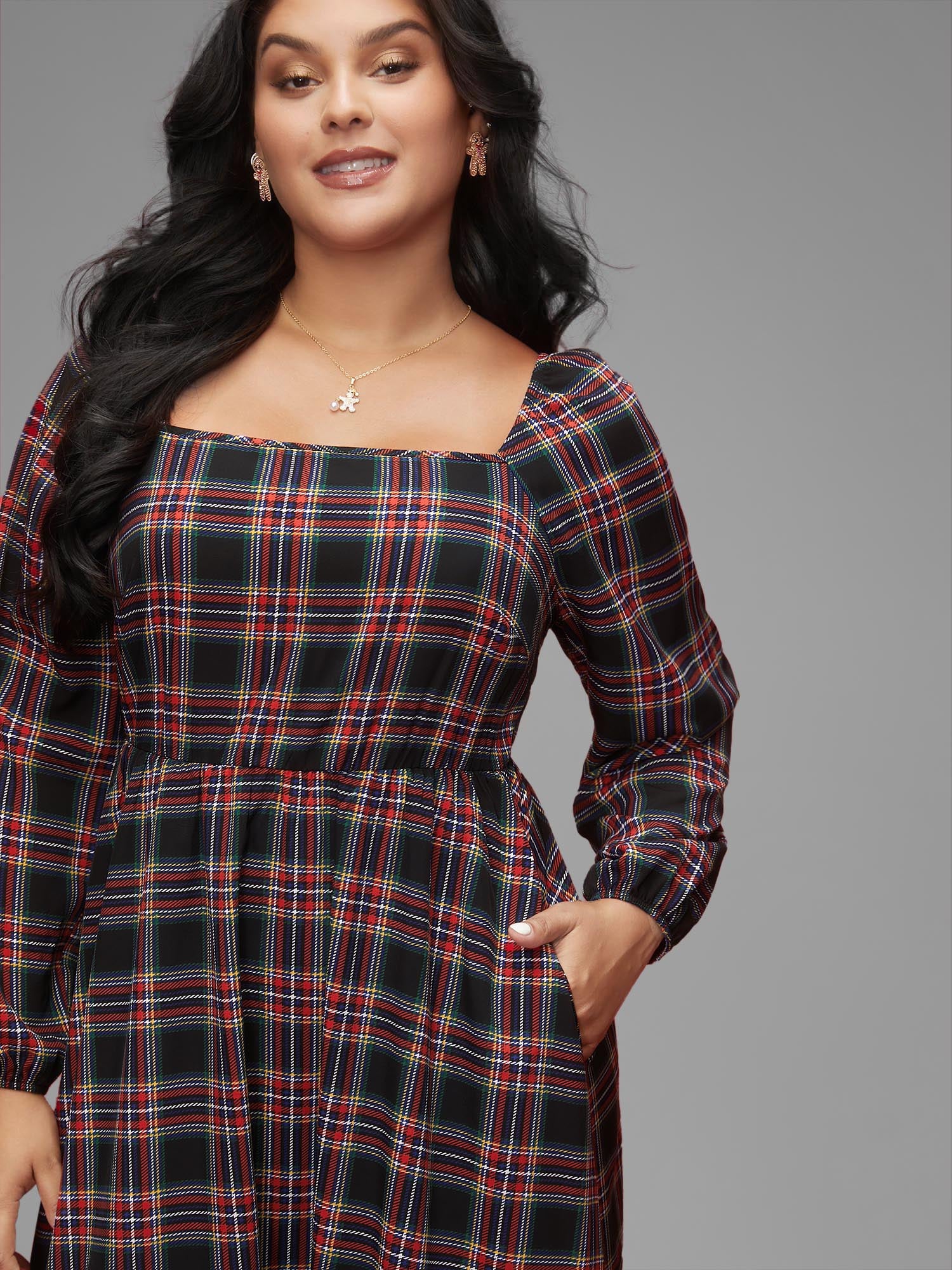 Plaid Square Neckline Puffy Sleeve Midi Dress