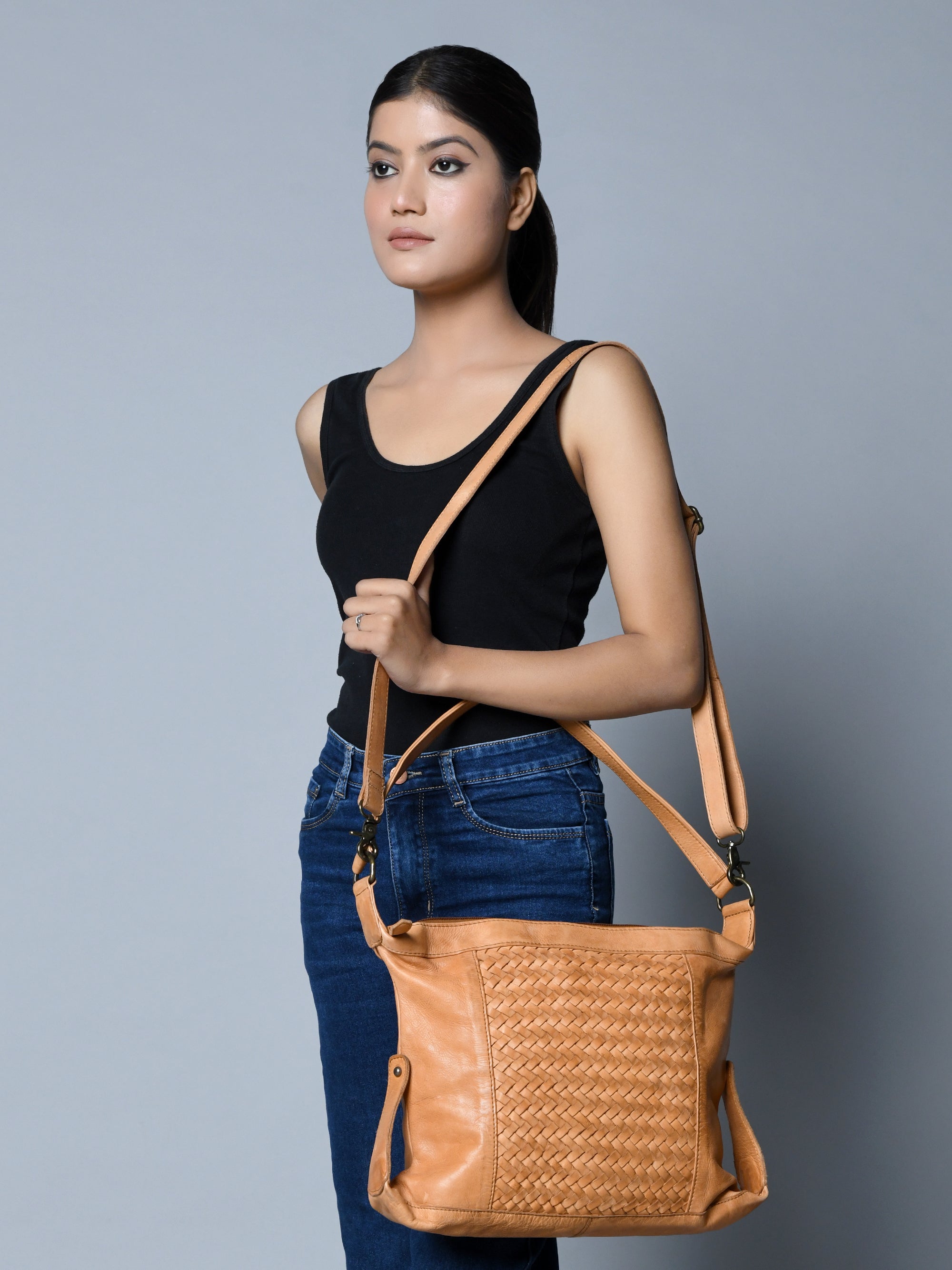 Textured Leather Shoulder Sling. Brown