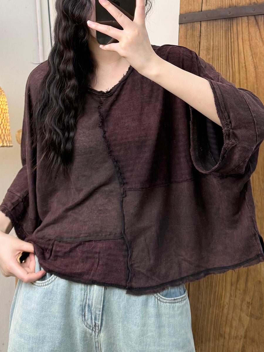 Women Summer Retro Stripe Spliced O-Neck Loose Shirt