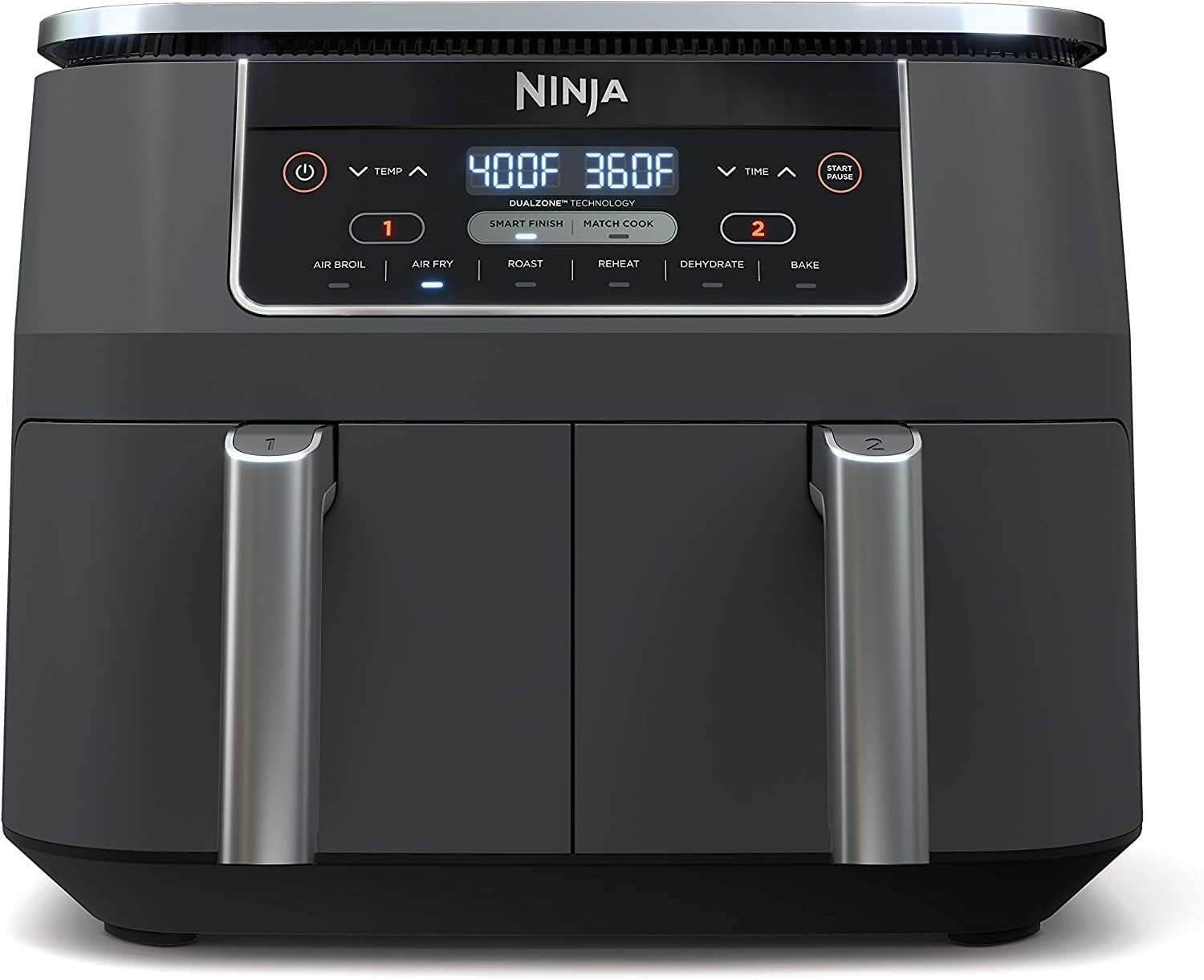 Ninja Foodi DZ201. 6 en 1 Freidora de aire de 2 cestas con tecnología DualZone. capacidad de 8 cuartos acabado inoxidable gris oscuro. (Reacondicionado)