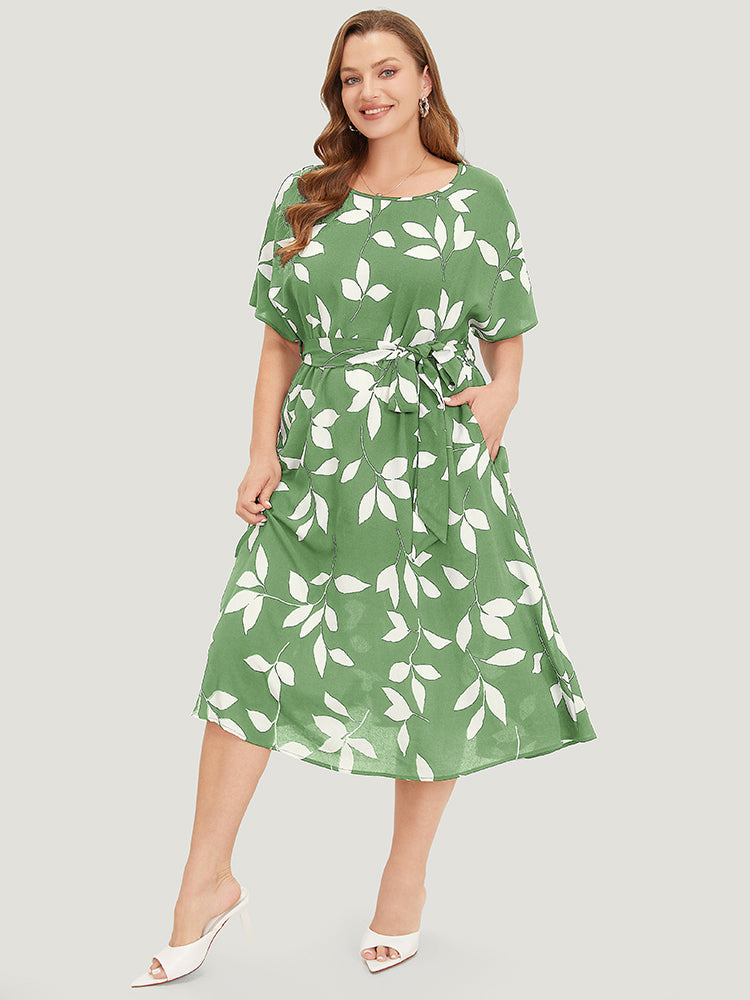 Leaf Print Pocket Belted Dress