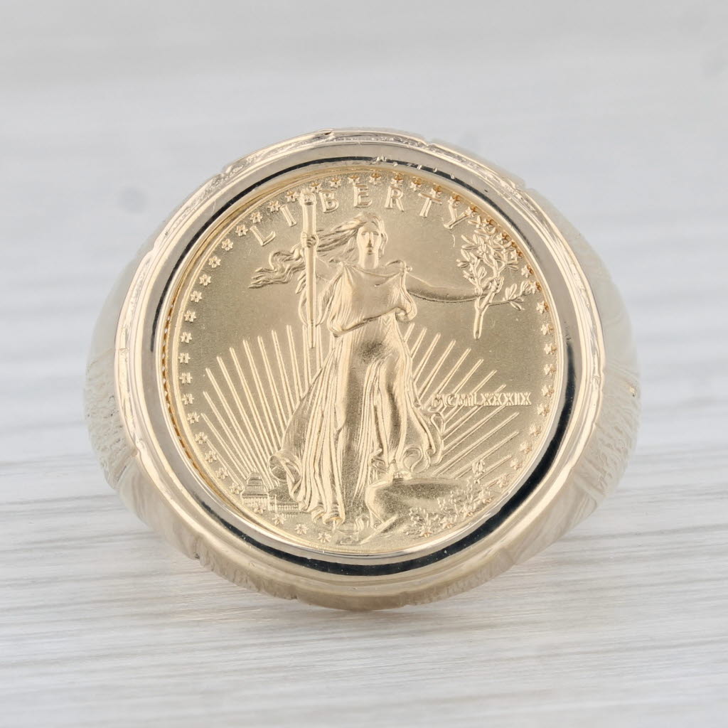 1989 1/10ozt 5 Dollar American Eagle Coin Ring 14k 22k Yellow Gold Sz 8.75